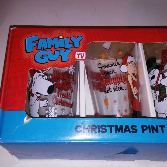 Family Guy Christmas Pint Glass 4 Pack Set Cartoon Gift Stewie 6" Tall Preowned - Picture 4 of 10